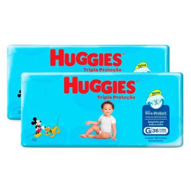 Imagem de Kit 2 Fralda Huggies Tripla Proteção Tamanho G Pacote Mega com  36 Unidades cada