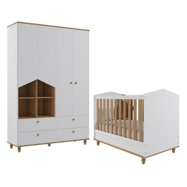 Imagem de Jogo De Quarto Infantil Guarda Roupa Casinha E Berço Americano Mimo Branco-nature - Permóbili Baby Branco-nature