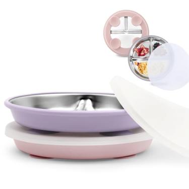 Imagem de Bakpoco Placa de sucção infantil de aço inoxidável com tampa, pratos divididos de 23 cm com mangas de silicone removíveis para crianças, não tóxico e livre de BPA | Conjunto de 2 pratos de lanche
