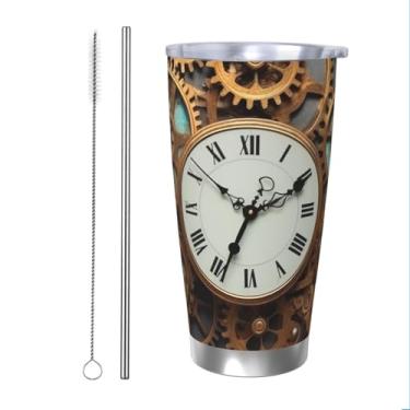 Imagem de Ousika Copo de 590 ml com tampa e canudo Caneca de café isolada a vácuo de aço inoxidável com parede dupla, relógio steampunk enferrujado, copos de viagem, copos de viagem, presentes para mulheres
