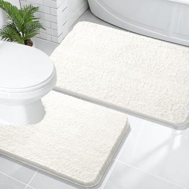 Imagem de OLANLY Conjunto de tapetes de banheiro de 2 peças, tapetes de banho de chenille macio absorvente e contorno em forma de U, tapete de banheiro lavável na máquina, acessórios de decoração de casa (91 x