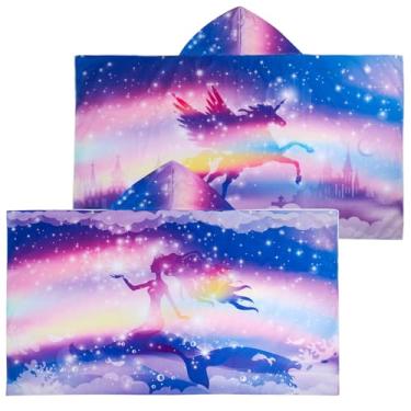 Imagem de Toalha de banho com capuz para meninas, grande 127 cm C x 76 cm L para crianças de 3 a 12 anos, pacote com 2 sereia e unicórnio