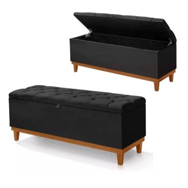 Imagem de Baú Moderno Estofado Paris, 100 x 43 x 52 cm, Capitonê Sofisticado com Botões, Base e Pés em Madeira Maciça (Linho, Preto)