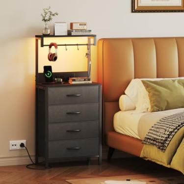 Imagem de Mesa de cabeceira com estação de carregamento, suportes de cabeceira com luzes LED e 4 gavetas de tecido, moldura de metal, prateleira de madeira, mesa lateral de cama pequena para quarto, corredor