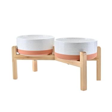 Imagem de SPUNKYJUNKY Tigelas elevadas de cerâmica para cães, 19,3 cm, com suporte de bambu antiderrapante para raças de tamanho médio a grande, podem ser lavadas no micro-ondas - 1,2 g, padrão branco