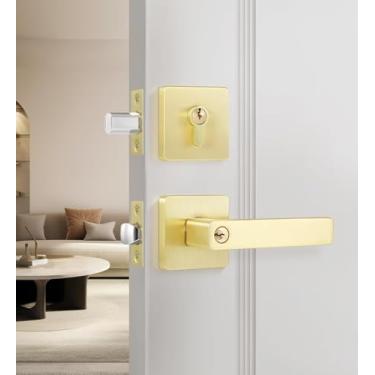 Imagem de Leydebong 1 conjunto de fechadura de maçaneta externa com chave semelhante à porta da frente com conjunto de combinação de fechadura de cilindro único, maçaneta de porta com trava e fecho, latão