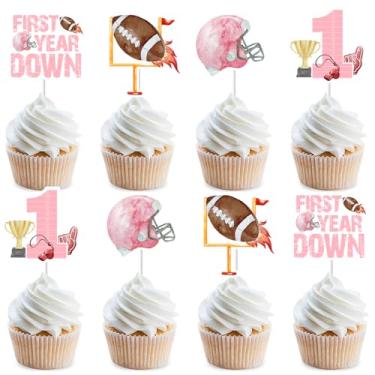 Imagem de JOYMEMO 36 Pcs First Year Down Cupcake Toppers Girl, Football 1st Birthday Party Decorations, Double Sided Football Birthday Cake Decor for Sports Party