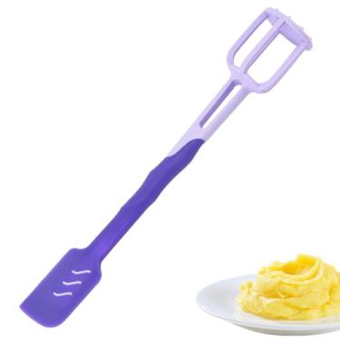 Imagem de Espátula de silicone de cabeça dupla 3 em 1, espátulas de cozinha de borracha para assar, cozinhar, misturar, espremedor de batata de malha multifuncional, batedor de ovos, 1 peça, roxo.