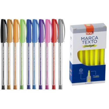 Imagem de Kit Caneta Trilux Com 10 Cores + Caixa Marca Texto Fluorescente - Gene