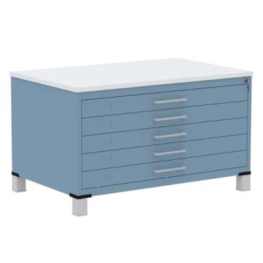 Imagem de Mapoteca 5 Gavetas Pandin 120cm (larg) Inmetro Tampo Mdp Branco Estrutura e Gaveta em Aço Azul Dali