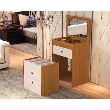 Imagem de Penteadeira Cômoda Olivia 3 Gavetas C/espelho e Banquinho - Nature/Offwhite