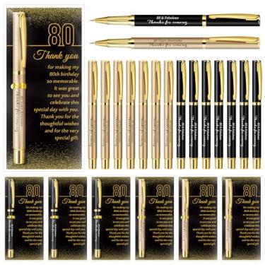 Imagem de Feifeiya Conjunto de 50 lembrancinhas de festa de aniversário de 80 anos com canetas esferográficas pretas e douradas e cartões de agradecimento para mulheres e homens, presentes de agradecimento de