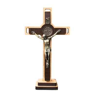 Imagem de Crucifixo São Bento em Madeira e Metal Para Mesa Altar ou Parede Tamanho P