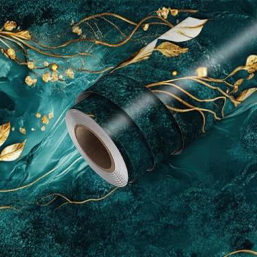 Imagem de HOMETITUTE Papel de parede botânico azul-petróleo escuro e dourado, descasque e cole papel de parede 45 cm x 300 cm, revestimento de parede de vinil removível autoadesivo para quarto, cozinha