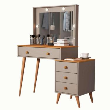 Imagem de Penteadeira Camarim Com Mesa De Cabeceira Espelho Led 4 Gavetas Pés Em Madeira Cinza / Nature
