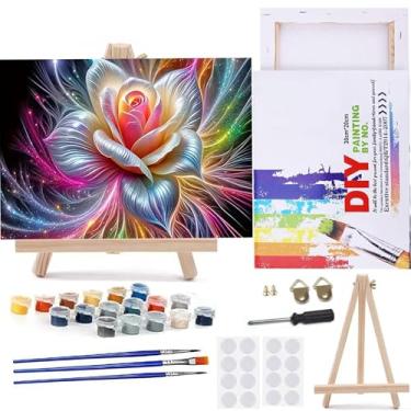 Imagem de MaiMMaledy Kit de pintura por números para adultos iniciantes com imagens em tela emoldurada, pintura de desenho, pigmento acrílico com cavalete de triângulo de madeira, 30,5 cm x 20,5 cm, flor