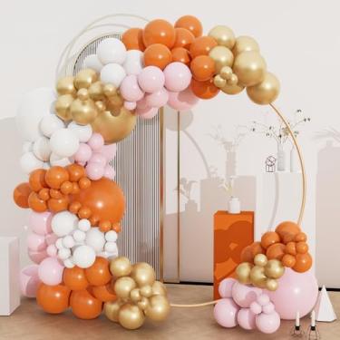 Imagem de Kit de arco de balões rosa laranja, 134 peças rosa claro, laranja, branco e dourado metálico, kit de guirlanda de balões de látex para chá de bebê, aniversário, dia dos namorados, casamento