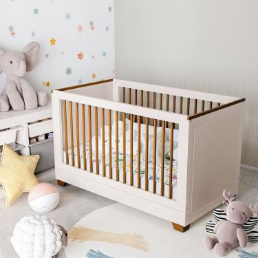 Imagem de Berço 2 em 1 com Grade em Madeira Maciça e Colchão Soft Line D18 70x130x12cm Casatema Off White/Mel