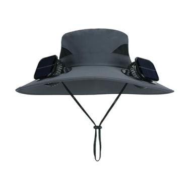 Imagem de Anti-UV 2 Fãs Chapéu Solar Carregamento Ar Refrigerador Ventilador Sun Hat Wide Brim Bucket Hat Para Homens Pescadores Chapéu verão Cooler Sun Cap,Gray