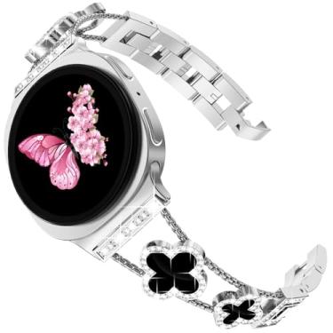 Imagem de Pulseira feminina de trevo de quatro folhas para Galaxy Watch 8/Watch 8 Classic de 40 mm/44 mm, diamante brilhante brilhante, pulseira luxuosa para Sansung Galaxy Watch 8/8 Classic, prata/preta
