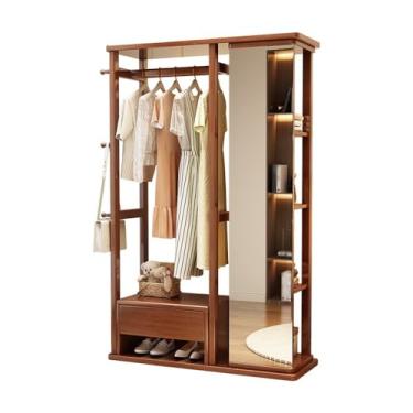 Imagem de ZzleoyuUUs-12 Suporte para casaco de madeira maciça, espelho, quarto, chão, giratório, multifuncional, com gaveta, sapateira, suporte para cabide (nogueira)