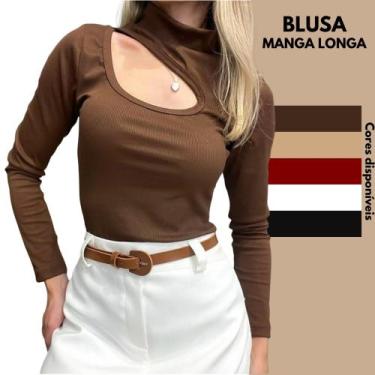 Imagem de Blusa Feminina Manga Longa Gola Alta Decote Recorte Tecido Canelado Fl