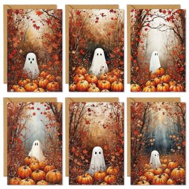 Imagem de JarThenaAMCS Pacote com 36 cartões de Halloween fantasma abóbora folhas de bordo cartões comemorativos com envelopes adesivos cola vara cartão de notas em branco para convites de festa, 10 x 15 cm