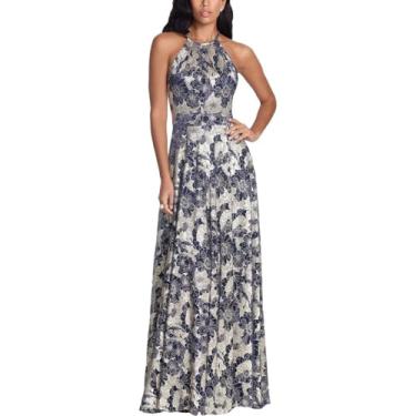 Imagem de Betsy & Adam Vestido feminino longo sem mangas frente única com estampa metálica, Azul-marinho/dourado, 42