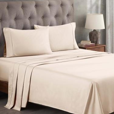 Imagem de Superior Jogo de lençol de cama de algodão egípcio 400 fios, 1 lençol elástico com bolso profundo, 1 lençol de cima, 1 fronha, roupa de cama macia, lençóis de luxo, tecido acetinado, solteiro, marfim