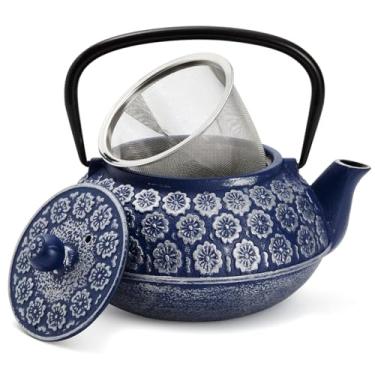 Imagem de Bule de chá de ferro fundido japonês com infusor para folhas soltas e saquinhos de chá, chaleira inclui alça e tampa removível (azul, 1000 ml)