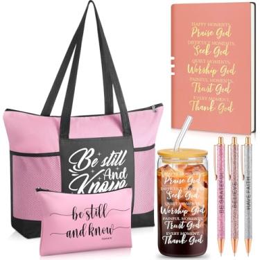 Imagem de Shinylin Conjunto de 7 peças de presente cristão para mulheres, presentes inspiradores com copo de vidro, bolsa de maquiagem, caneta para notebook (rosa)