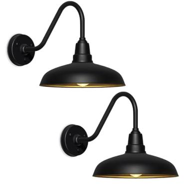 Imagem de Luzes de celeiro de pescoço de ganso extra grandes de 43 cm – Arandelas de metal pretas à prova d'água para garagem, varanda ou galpão – Luminárias duráveis em estilo fazenda – Pacote com 2