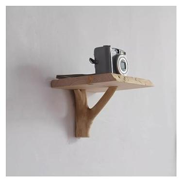 Imagem de Prateleira flutuante rústica, vitrine montada na parede de madeira com suporte em forma de ramo, prateleira de parede, prateleira de madeira para plantas e velas de fotos, suporte decorativo de parede