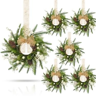 Imagem de 6 grinaldas de inverno pequenas para porta da frente, mini guirlandas de inverno de 23 cm para armários de cozinha, guirlanda artificial de pinheiro norfolk com frutas brancas e pinhas, para decoração