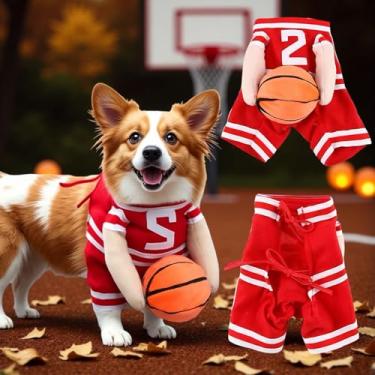 Imagem de TMLDOT Fantasia de basquete para cães com bola, fantasia engraçada para animais de estimação, roupa esportiva divertida para cosplay para cães pequenos, médios e grandes (vermelho-pequeno)