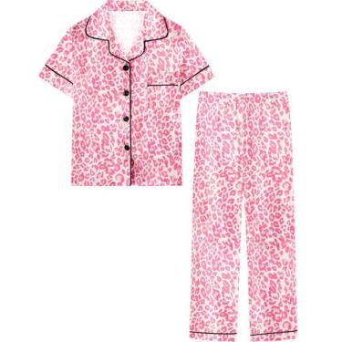 Imagem de Pijamas de cetim para meninas Umeyda, pijamas de seda, leopardo de 5 a
