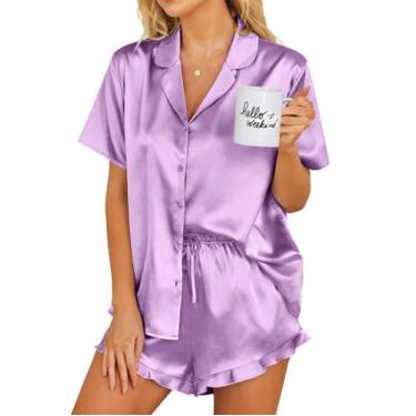 Imagem de Conjunto de pijamas Ekouaer Silk para mulheres com botões e lavanda