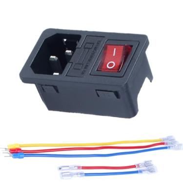 Imagem de DMWD Tomada de alimentação macho de entrada de 3 pinos com interruptor basculante de luz vermelha de 15A 250V 4 pinos ON Off e fusível de 10A design de encaixe IEC 320 C14 com 5 cabos pré-cabeados