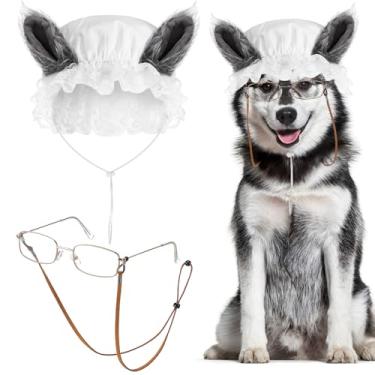 Imagem de Haysandy 3 peças de fantasia de lobo vovó para cachorro, boné branco com orelhas cinzas, óculos de avó com alça para festa de Halloween, cosplay, lobo mau, fantasia engraçada para cães pequenos