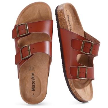 Imagem de mazeskin Sandálias femininas ortopédicas de couro genuíno com suporte de arco, sapatos de verão de alça dupla com fivela ajustável e palmilha ortopédica confortável, Bronzeado, 36