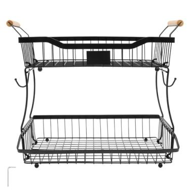 Imagem de ZFLYCANP ZFLYCANP Cesta de frutas de 2 camadas com cabides de banana, cesta de metal versátil para pão de legumes, suporte destacável de frutas para bancada de cozinha para lanche e pão de cebola