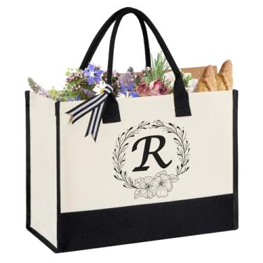 Imagem de Miokok Sacola de lona com inicial personalizada, bolsa de praia para mulheres, presente de aniversário, presente de casamento para mãe, professoras, amigas, enfermeiras, Preto, branco
