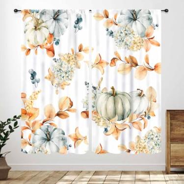 Imagem de Cortina de abóbora de outono, dia de Ação de Graças, aquarela, azul-petróleo, abóbora, cortinas, cortinas, para janela, com estampa de abóbora, campo, colheita, boho, folhas botânicas, quarto, sala de