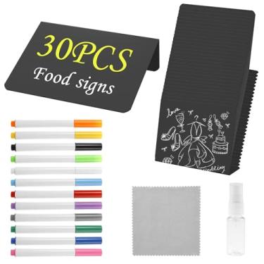 Imagem de ZJRDYYK 30 etiquetas de quadro-negro de mesa, mini placas reutilizáveis para quadro-negro com caneta de 12 cores, 1 pano de limpeza e 1 pote de spray, etiquetas de alimentos para buffet de festa