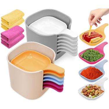 Imagem de 2 conjuntos de tigelas de molho com 2 toalhas - Copos de plástico pequenos para molho com suporte empilhável, prato de molho de soja com alça, tigelas de tempero para condimentos, especiarias, geléia