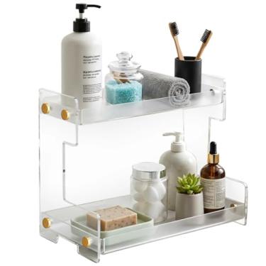 Imagem de Organizador de bancada de banheiro de 2 camadas, organizador de prateleira de acrílico de 32 x 21 x 36 cm, suporte de armazenamento transparente, suporte de exibição de camada dupla com guardrail