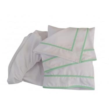 Imagem de Kit Berço Bebê 5 pçs Percal 100% Algodão 1 Lençol c Elástico 1 Lençol de cima 2 Fronhas 1 Travesseiro Cheio (Viés Verde Bebê, Pequeno de solteiro)