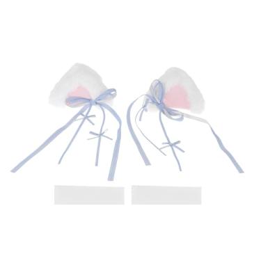 Imagem de ACROPIX Acessórios para capacete de motocicleta, decoração de orelhas de gato brancas fofas com serpentina azul para capacetes de esqui de bicicleta, branco, rosa, conjunto com 2 adesivos de pelúcia