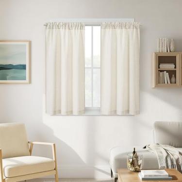 Imagem de Cortinas de linho boho de 122 cm para café, cozinha, quarto, banheiro, varão, bolso semitransparente, filtragem de luz, tratamentos de janela de privacidade, cortinas neutras para janelas pequenas, 2