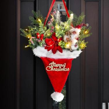 Imagem de LZEXIN Guirlanda de Natal para porta da frente, guirlanda artificial de 35,5 cm com Papai Noel, pinha, frutas vermelhas, placa suspensa de Natal iluminada para decoração de Natal da porta da frente